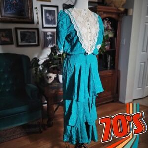 Vintage 70s Teal Prairie Revival Romantic Lace Bib Maxi Dress Tiered Cottagecore
